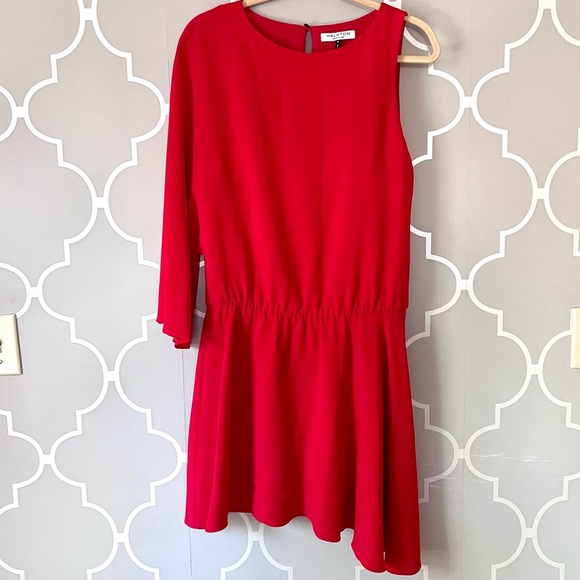 Halston Heritage Asymmetric Faille Blouson Red Asymmetric Dress Silk Size Medium - Picture 3 of 10